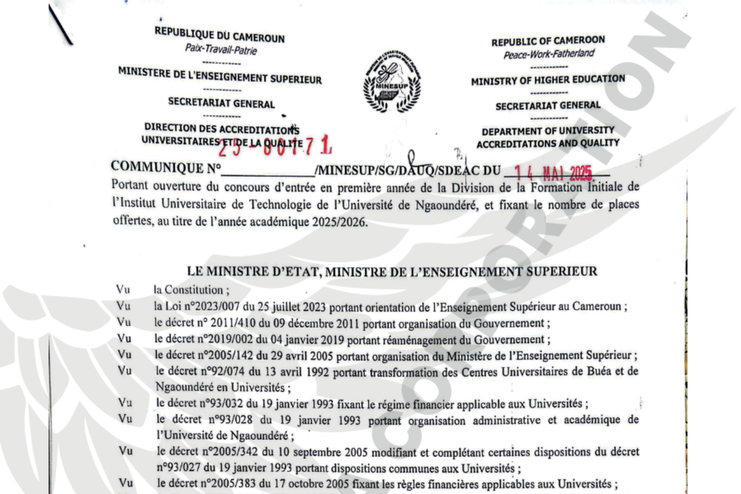 CONCOURS IUT Ngaoundéré 1ERE ANNEE 2025