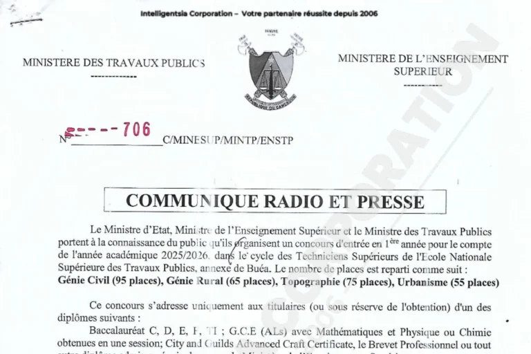 Concours ENSTP 2025 1ere année Technicien Supérieur