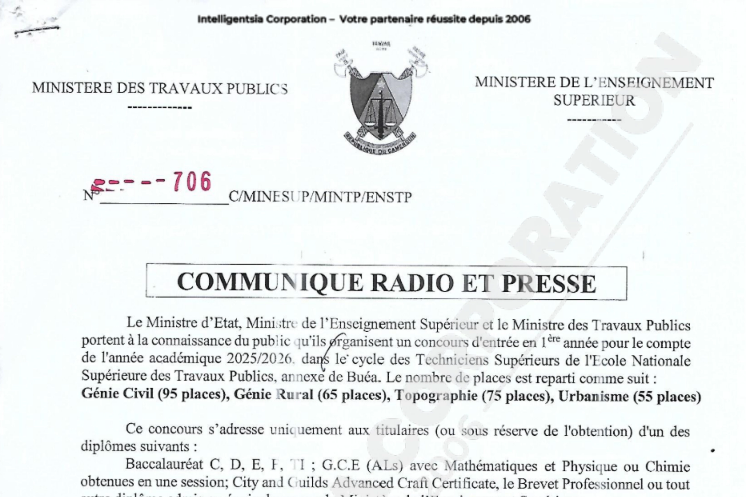 Concours ENSTP 2025 1ere année Technicien Supérieur