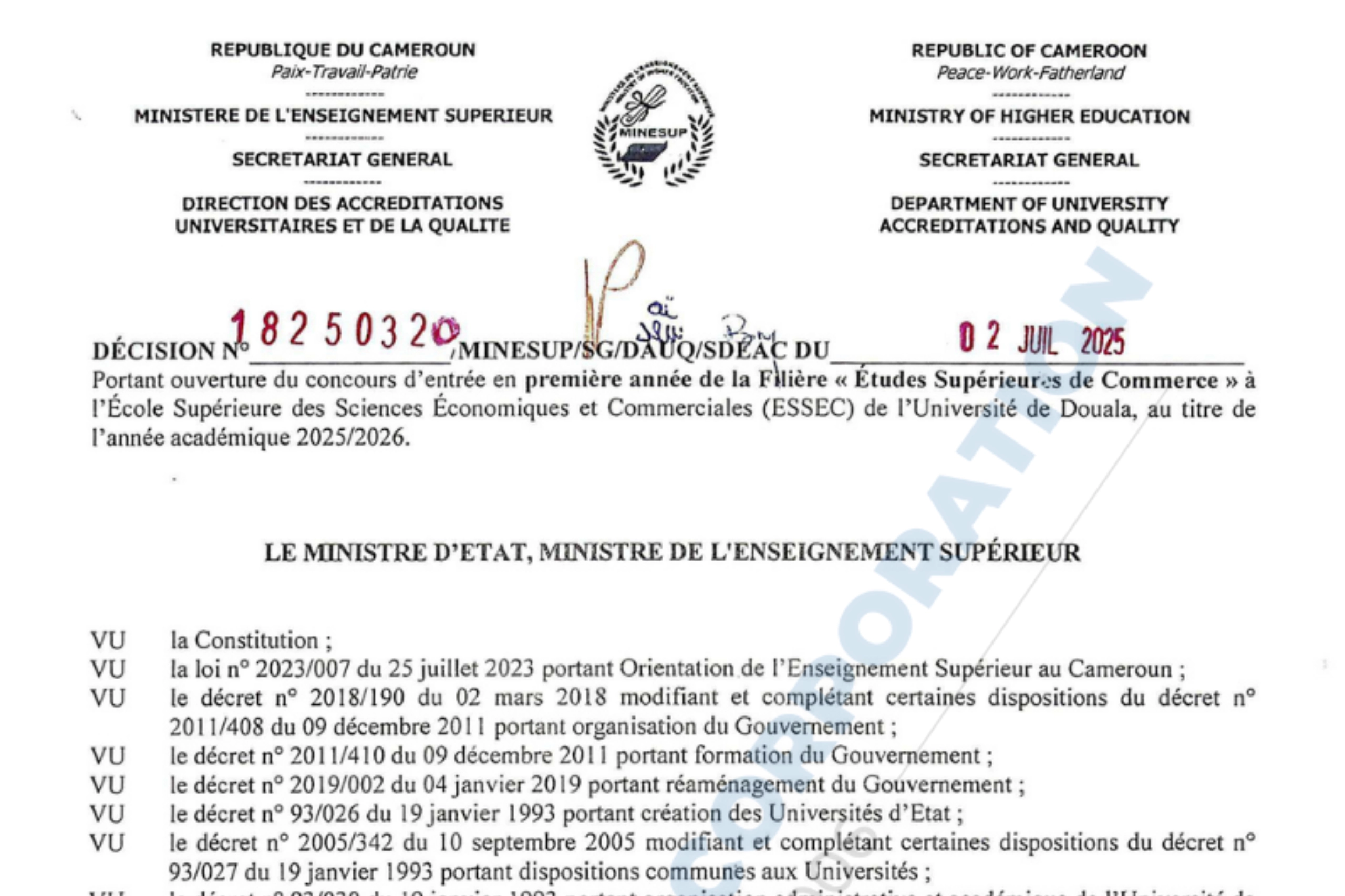 concours d'entrée première année ESSEC Filière Études Supérieures de Commerce