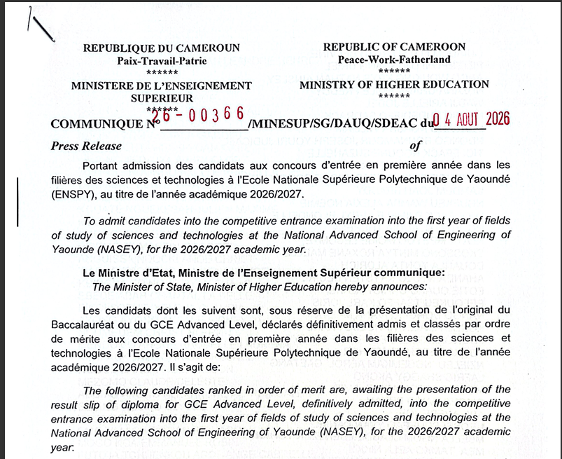 Résultat ENSPY 2026_1ere année Sciences