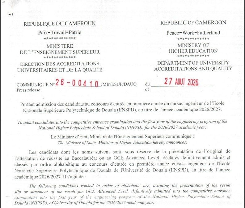 Résultats du Concours ENSPD 2026/2027 1ère Année Ingénieur