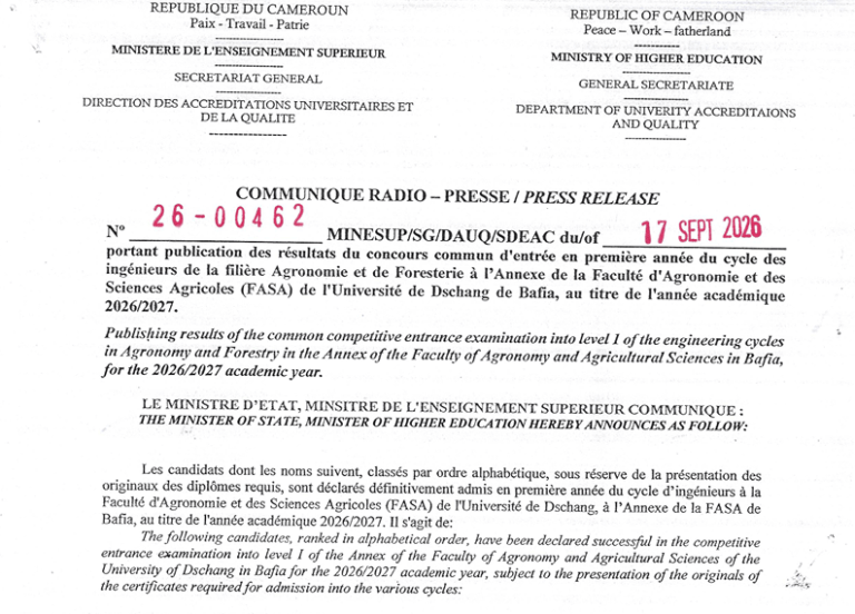 Résultats Concours FASA Bafia 2026 : Liste des Admis