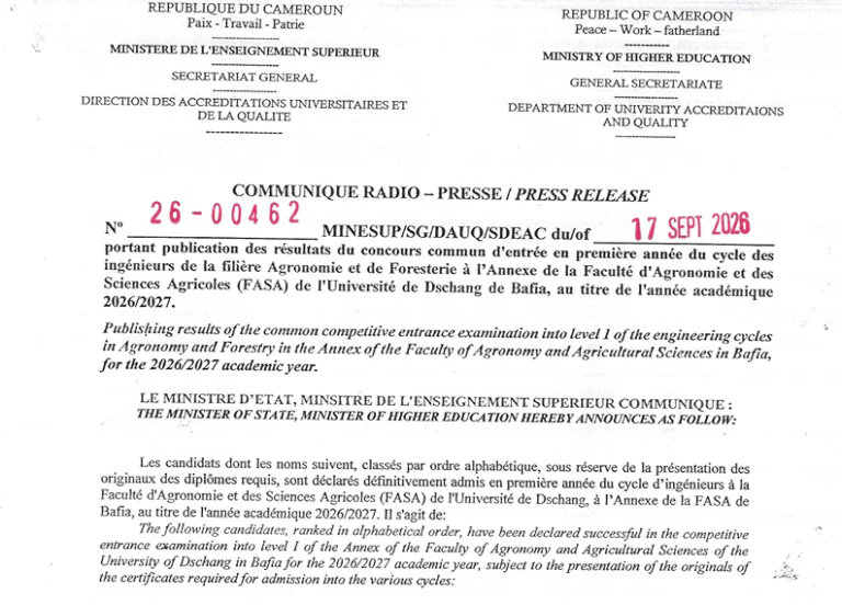 Résultats Concours FASA Bafia 2026 : Liste des Admis