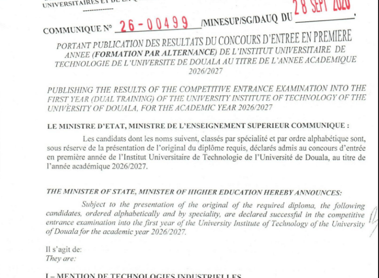 Résultats IUT Douala 2026-2027 : liste des admis en 1ère année Formation par Alternance