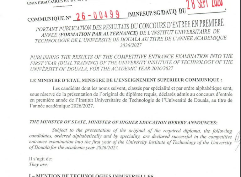 Résultats IUT Douala 2026-2027 : liste des admis en 1ère année Formation par Alternance