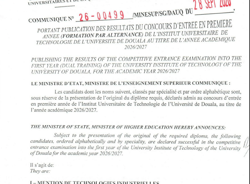 Résultats IUT Douala 2026-2027 : liste des admis en 1ère année Formation par Alternance