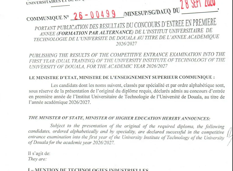 Résultats IUT Douala 2026-2027 : liste des admis en 1ère année Formation par Alternance