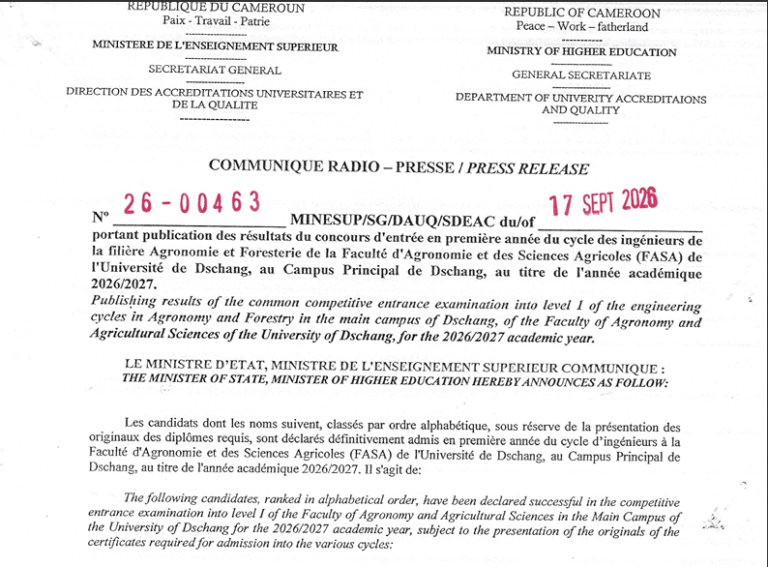 Résultats Concours FASA Université de Dschang 2026