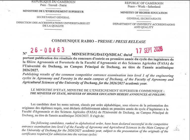 Résultats Concours FASA Université de Dschang 2026