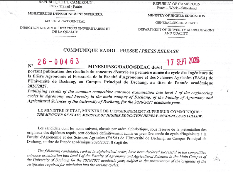 Résultats Concours FASA Université de Dschang 2026