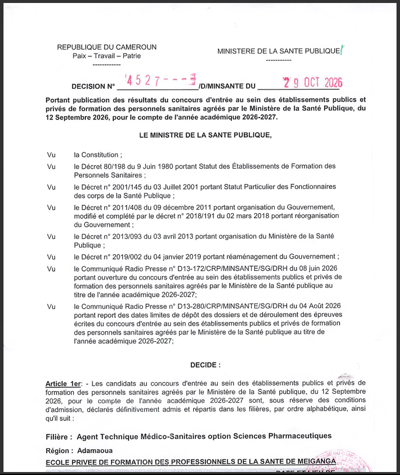 Aperçu de la décision MINSANTE N° 4527 : Agent Technique Médico-Sanitaire, option Sciences Pharmaceutiques