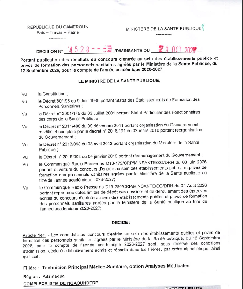 Aperçu de la décision MINSANTE N° 4528 : Technicien Principal Médico-Sanitaire, option Analyses Médicales