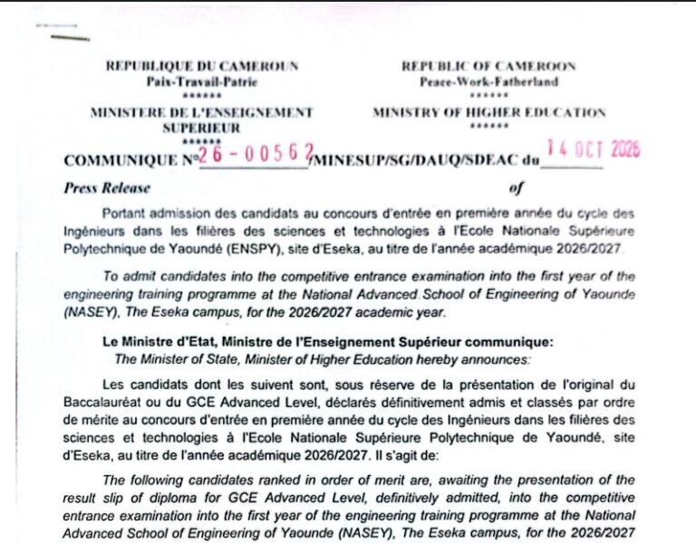 Résultats ENSPY Eséka 2026-2027 : liste des candidats admis