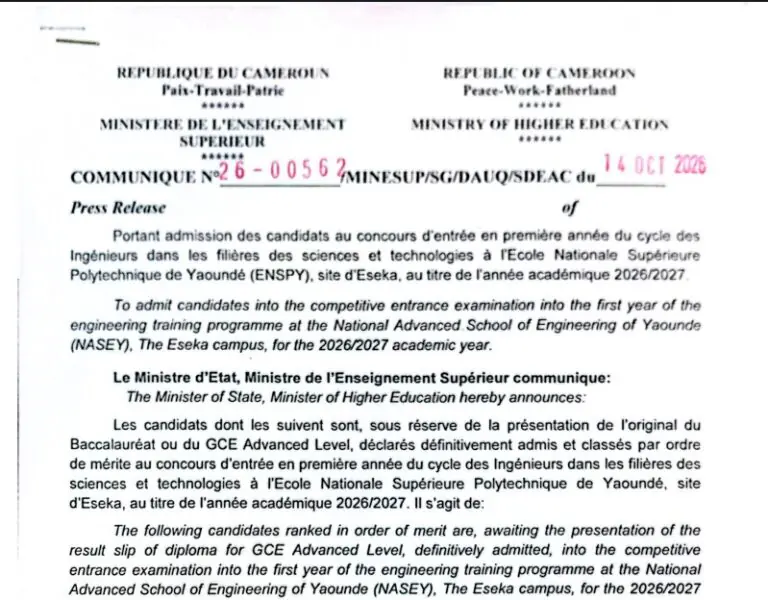 Résultats ENSPY Eséka 2026-2027 : liste des candidats admis