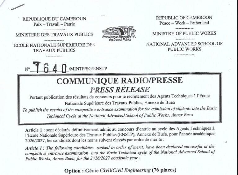 Résultats ENSTP 2026-2027 : liste des admis Yaoundé et Buea